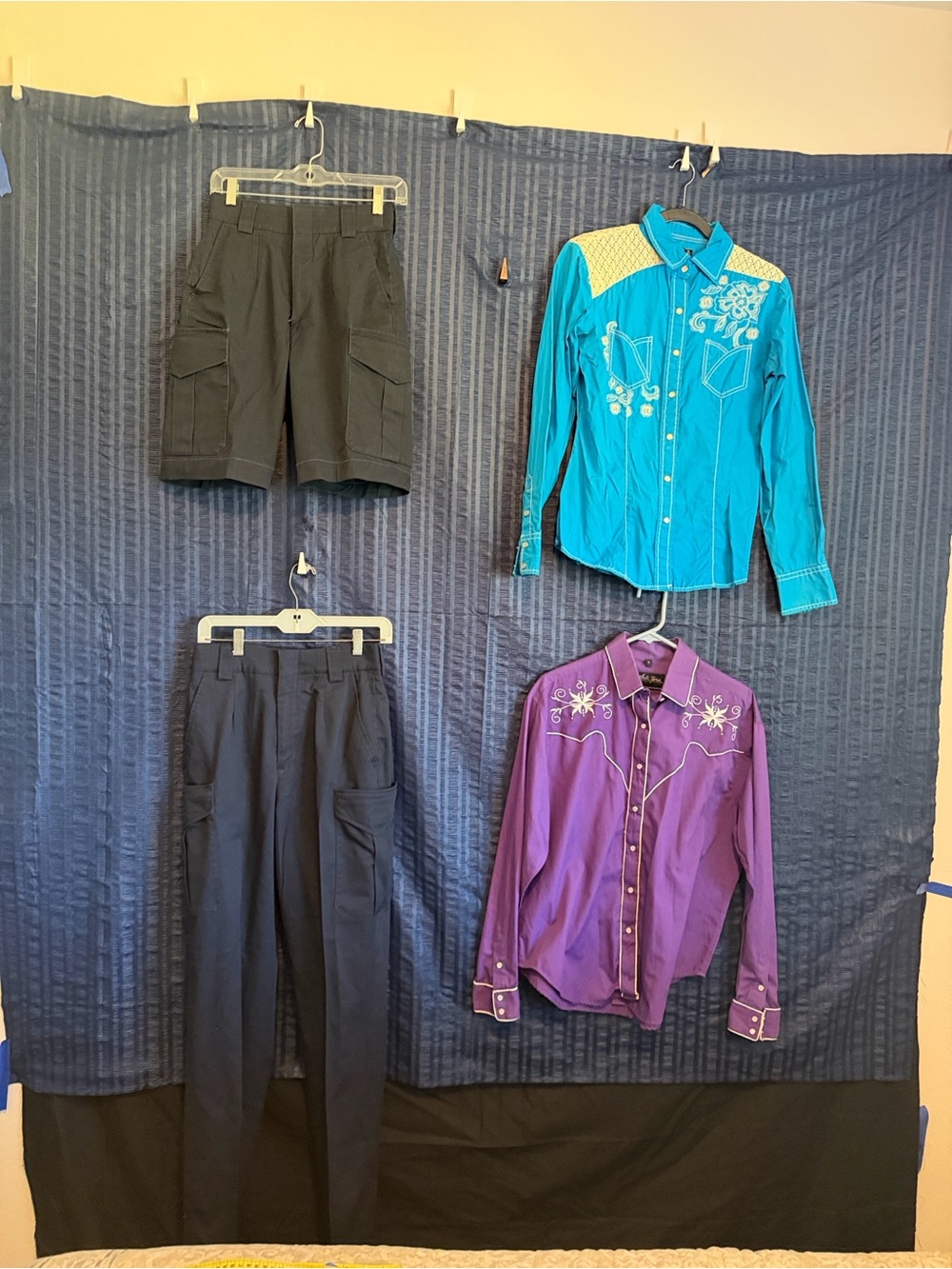 Western Embroidered Button-Up Shirt & Navy Cargo Pants & Shorts